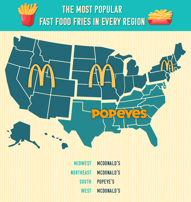 US map outlining the most popular fast food fries by region